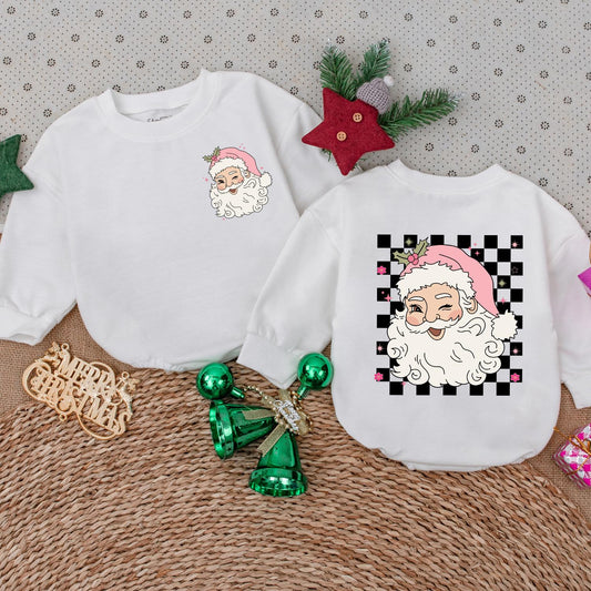 Pink Retro Santa Claus Baby Bodysuit Christmas Holiday Outfit with Holly Pink Hat Stars Flowers & Checkered Pattern Vintage Festive Romper