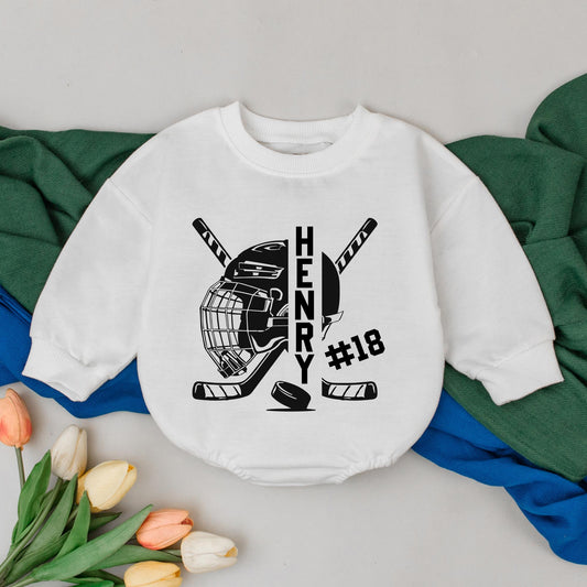 Personalized Hockey Baby Romper Black Helmet Sticks Puck Custom Name Number Sporty Game Day Infant Bodysuit Gift