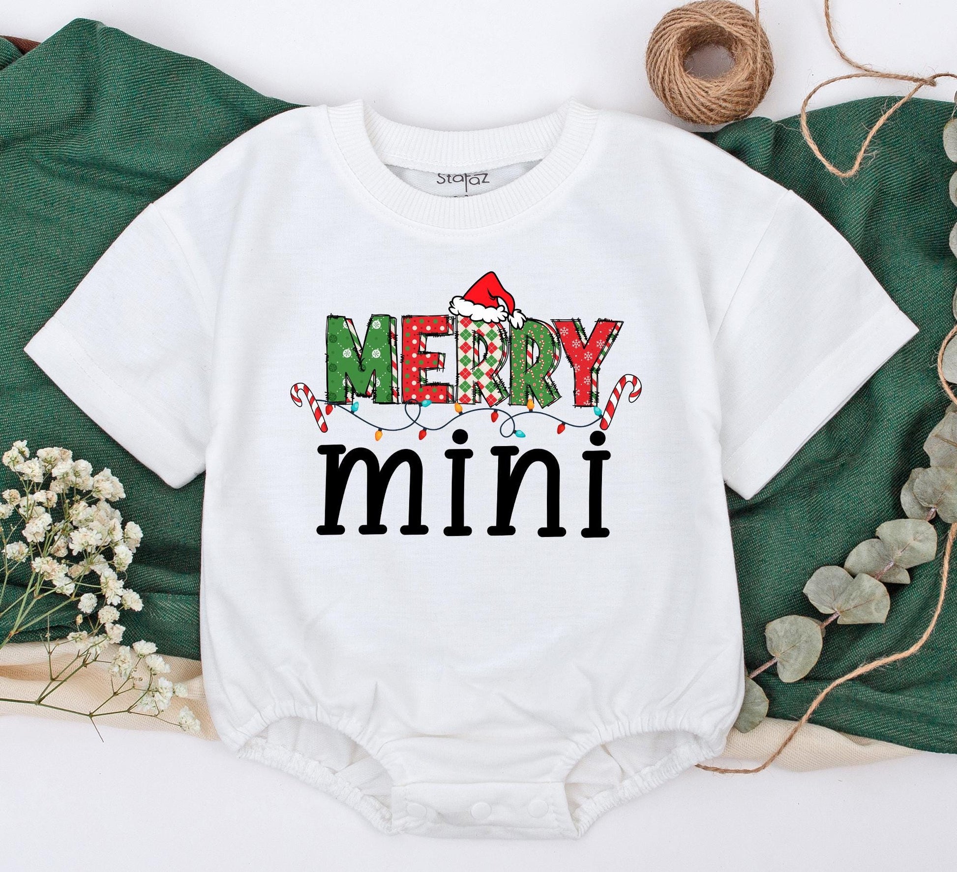 Merry Mama & Mini Matching Christmas Shirts Festive Red Green Squares Snowflake Plaid Santa Hat Candy Cane Lights Family Holiday Outfits Toddler Baby