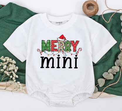 Merry Mama & Mini Matching Christmas Shirts Festive Red Green Squares Snowflake Plaid Santa Hat Candy Cane Lights Family Holiday Outfits Toddler Baby