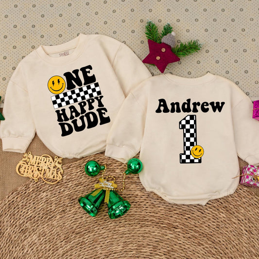 Personalized One Happy Dude Birthday Bodysuit Retro Groovy Smiley Face Baby Boy First Birthday Outfit Checkered Pattern Infant Celebration Clothes Yellow Vintage Design