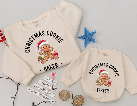 Adorable Christmas Cookie Baker & Tester Matching Sweatsuit for Mom and Baby Gingerbread Character Festive Holiday Outfit