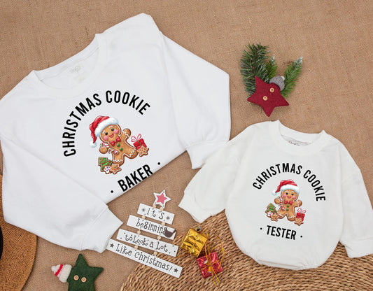 Adorable Christmas Cookie Baker & Tester Matching Sweatsuit for Mom and Baby Gingerbread Character Festive Holiday Outfit