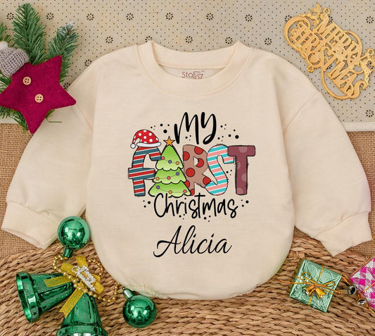 Personalized My First Christmas Baby Sweatshirt Romper Custom Name Whimsical Striped Dot Newborn Winter Holiday Outfit