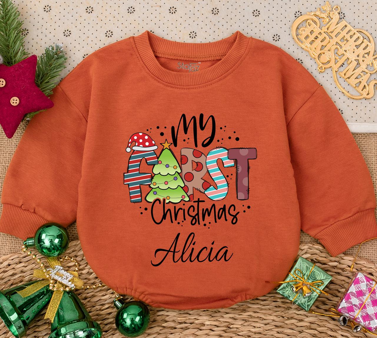 Personalized My First Christmas Baby Sweatshirt Romper Custom Name Whimsical Striped Dot Newborn Winter Holiday Outfit