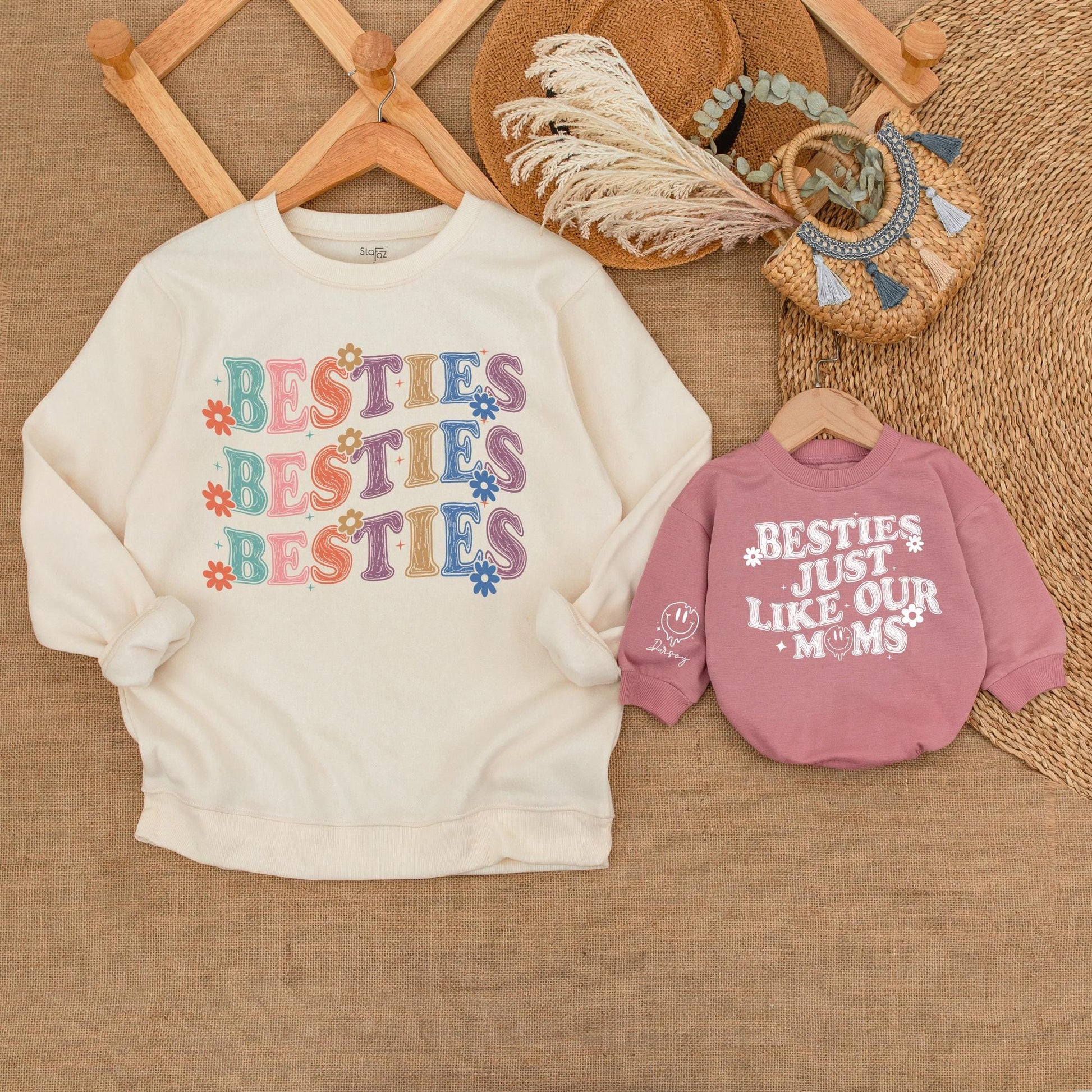 Retro Besties Sweatshirt Matching Baby Bodysuit Floral Playful Vibes Pink Orange Blue Purple Pastel Colors