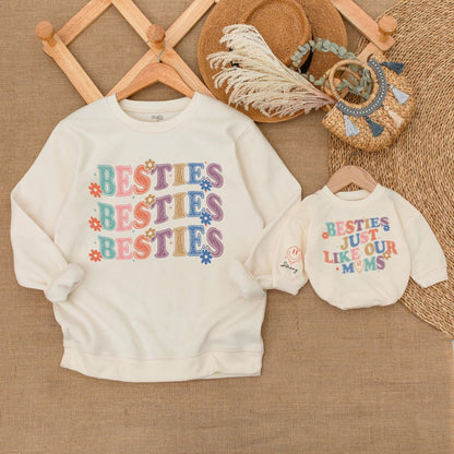 Retro Besties Sweatshirt Matching Baby Bodysuit Floral Playful Vibes Pink Orange Blue Purple Pastel Colors