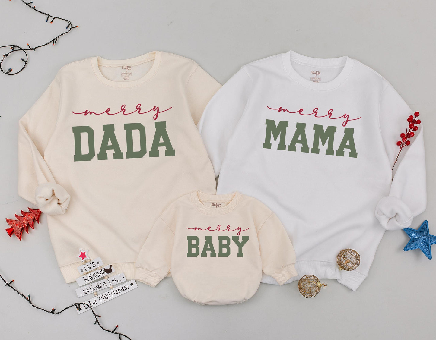 Matching Family Christmas Sweatshirts with Merry Mama Dada Baby Design Cozy Holiday Outfits Red Cursive Green Bold Font Comfortable Tops