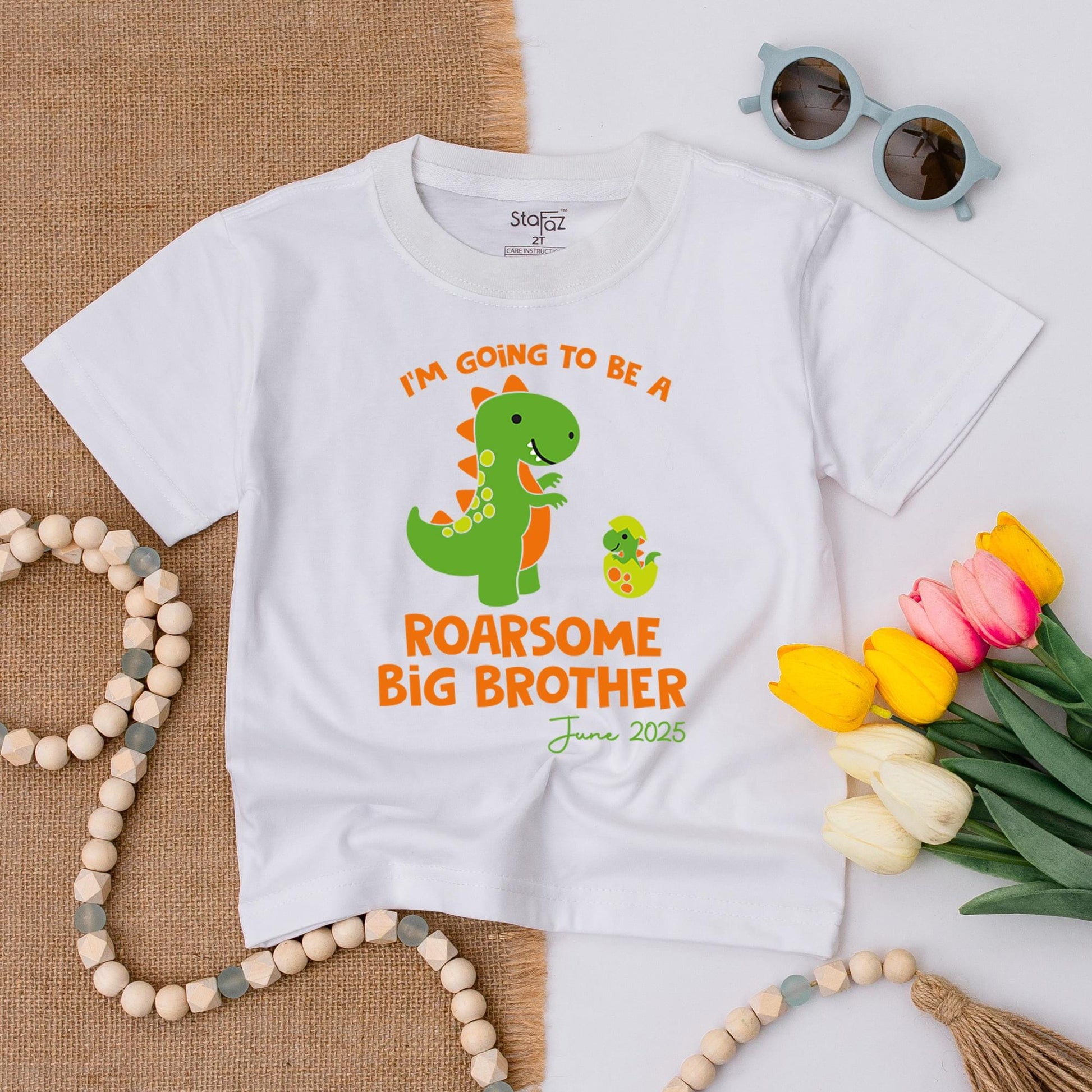 Big Brother Dinosaur Toddler Shirt for Pregnancy Announcement Roarsome Sibling T-Shirt Promoted Gift June 2025 Cheerful Green Orange Design