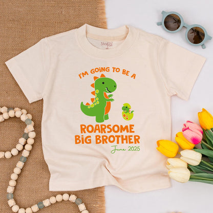 Big Brother Dinosaur Toddler Shirt for Pregnancy Announcement Roarsome Sibling T-Shirt Promoted Gift June 2025 Cheerful Green Orange Design