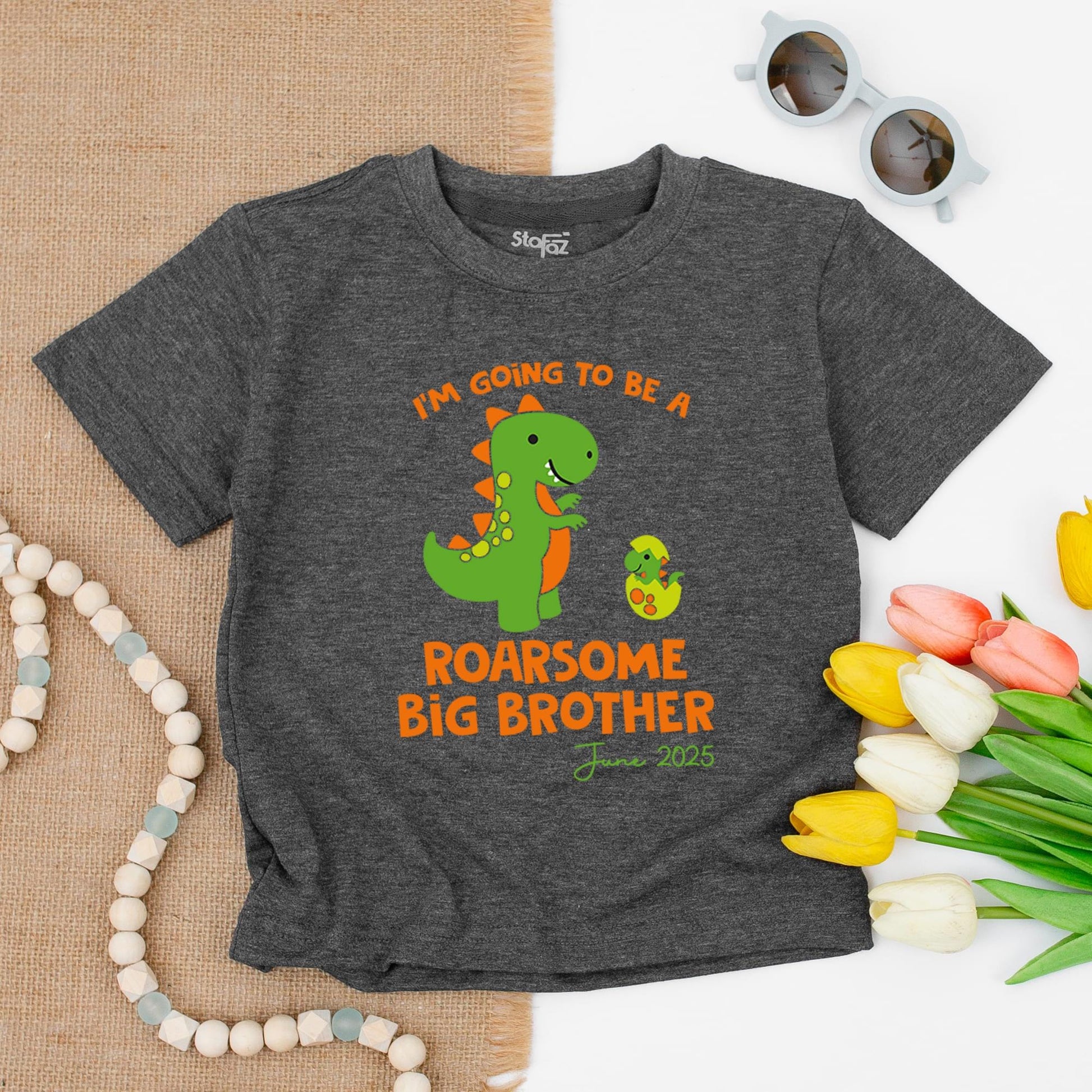 Big Brother Dinosaur Toddler Shirt for Pregnancy Announcement Roarsome Sibling T-Shirt Promoted Gift June 2025 Cheerful Green Orange Design