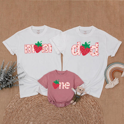 Berry Sweet First Birthday Family Matching Shirts & Romper Strawberry Design Mommy Dad Brother One Year Outfit