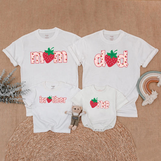 Berry Sweet First Birthday Family Matching Shirts & Romper Strawberry Design Mommy Dad Brother One Year Outfit