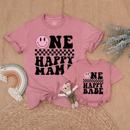 One Happy Babe Birthday Matching Family Shirt Retro Smiley Face Lightning Bolt Girl Outfit
