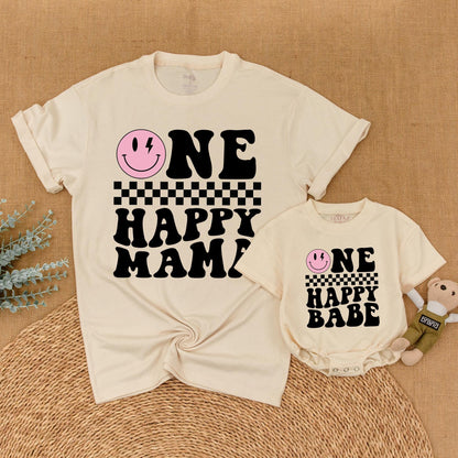 One Happy Babe Birthday Matching Family Shirt Retro Smiley Face Lightning Bolt Girl Outfit