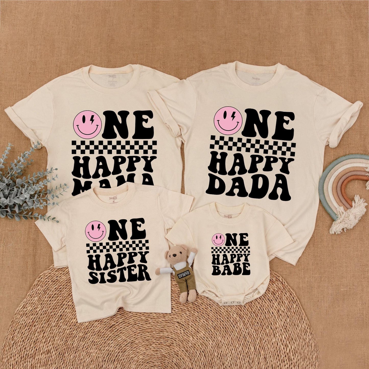 One Happy Babe Birthday Matching Family Shirt Retro Smiley Face Lightning Bolt Girl Outfit