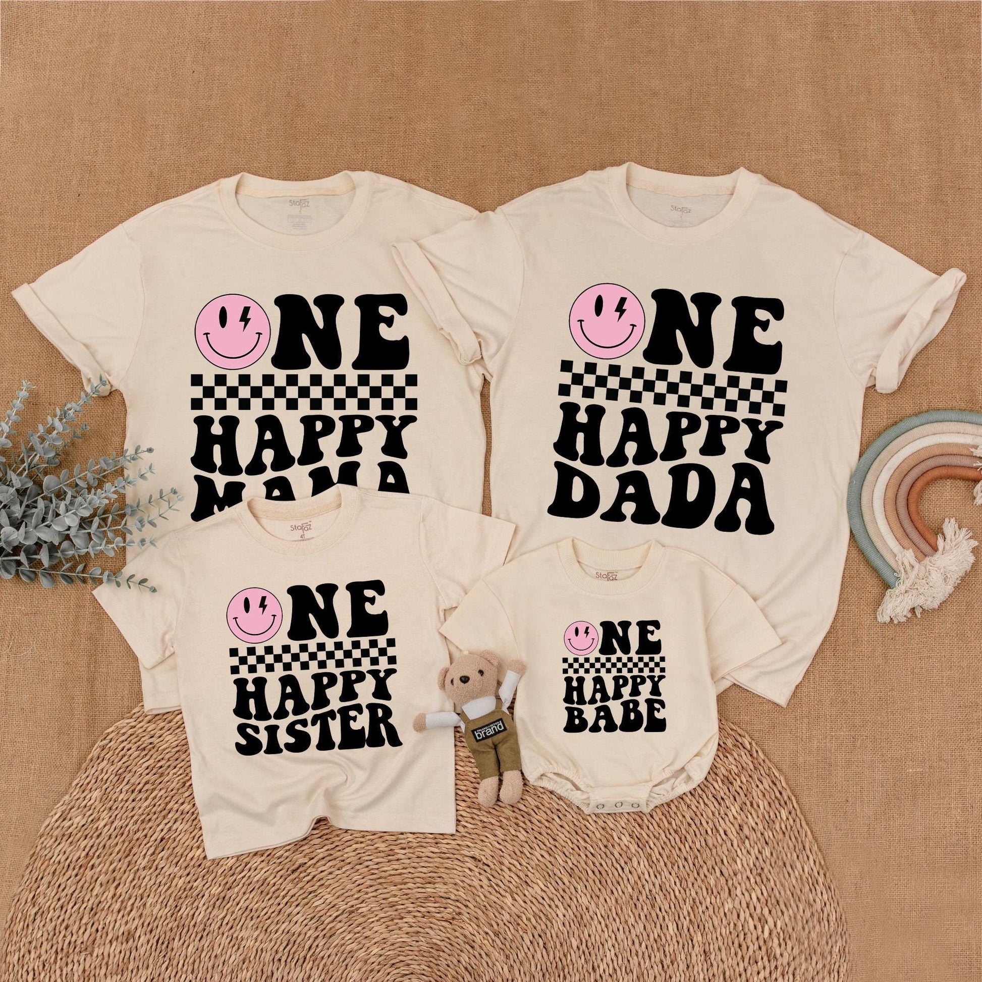 One Happy Babe Birthday Matching Family Shirt Retro Smiley Face Lightning Bolt Girl Outfit