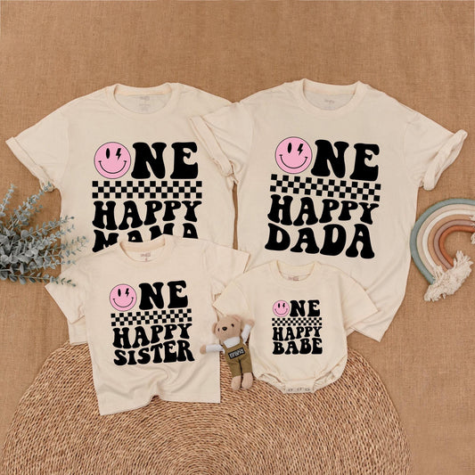 One Happy Babe Birthday Matching Family Shirt Retro Smiley Face Lightning Bolt Girl Outfit