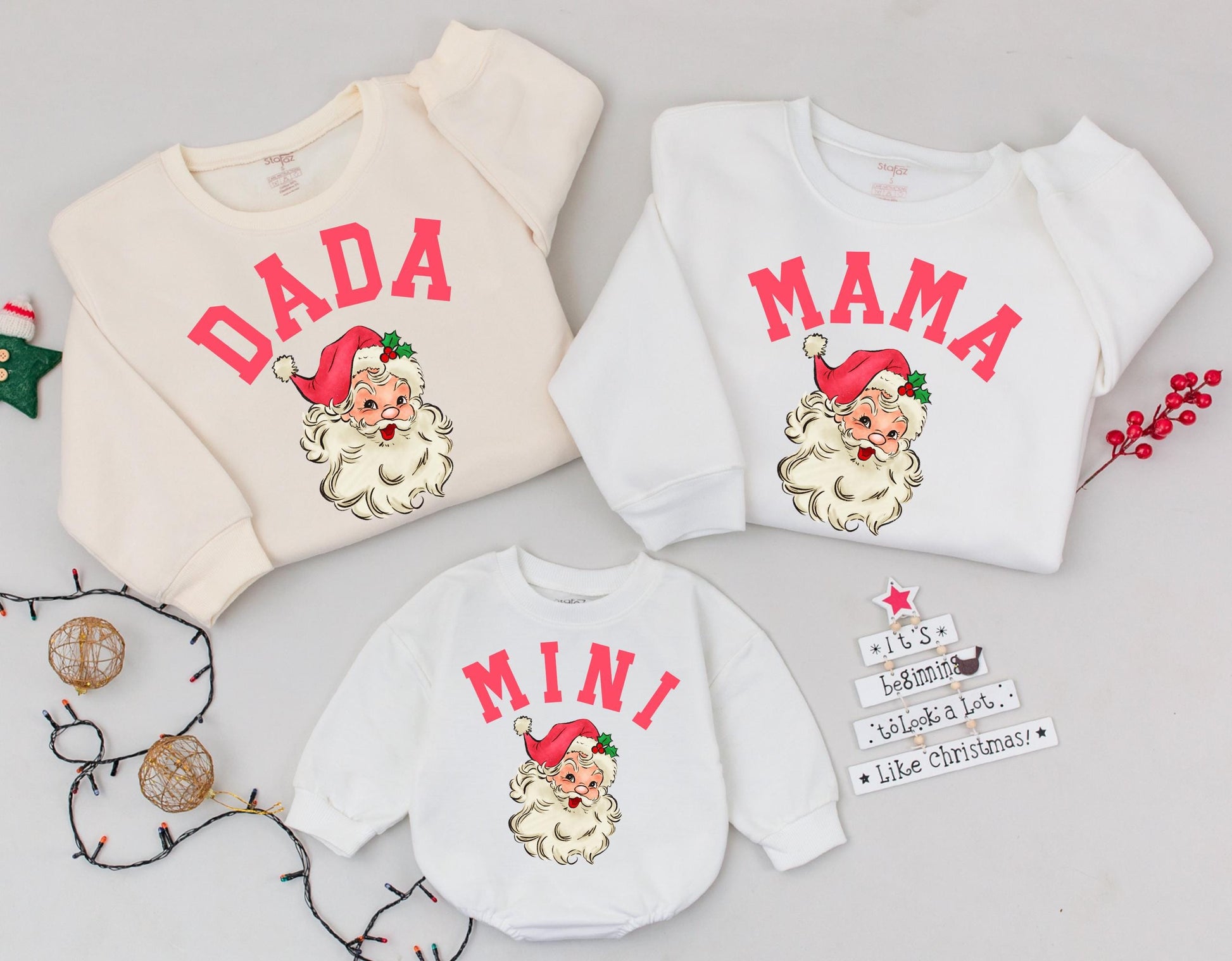 Matching Mama Dada Mini Christmas Sweatshirts Retro Pink Santa Mom Toddler Outfit Christmas Sweater Gift