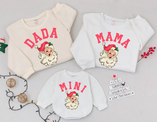 Matching Mama Dada Mini Christmas Sweatshirts Retro Pink Santa Mom Toddler Outfit Christmas Sweater Gift