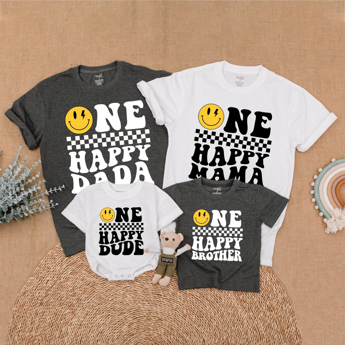 Matching Happy Face Birthday Family Shirts: One Cool Dude & Family Outfit, Retro Smiley Design, Custom Ages, Comfortable Cotton