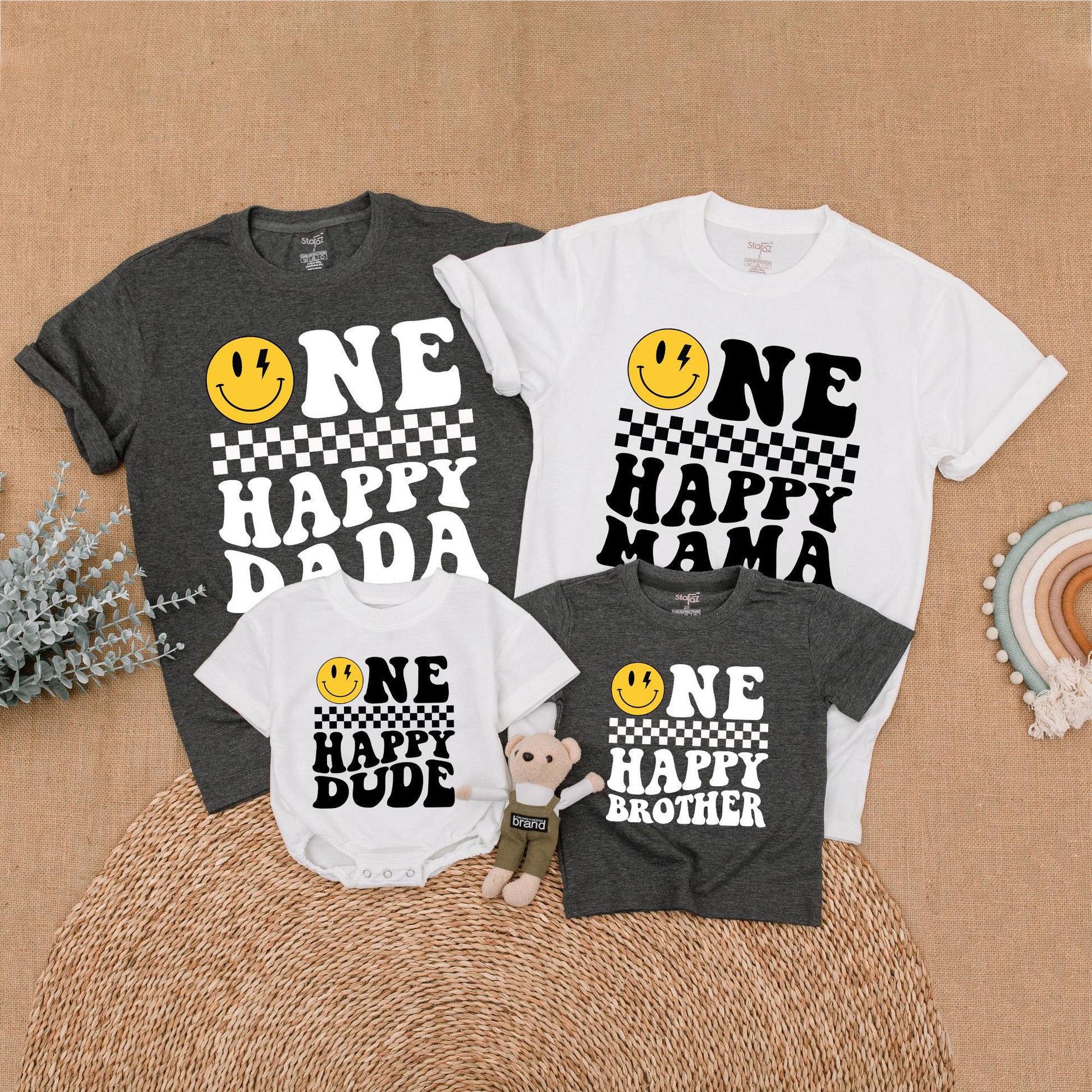 Matching Happy Face Birthday Family Shirts: One Cool Dude & Family Outfit, Retro Smiley Design, Custom Ages, Comfortable Cotton