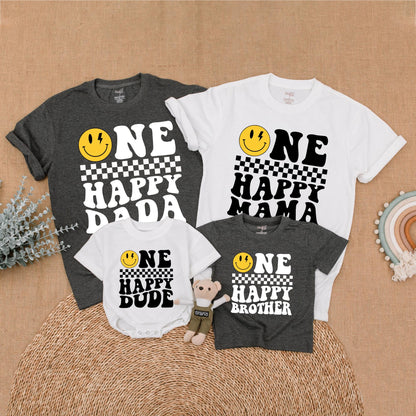 Matching Happy Face Birthday Family Shirts: One Cool Dude & Family Outfit, Retro Smiley Design, Custom Ages, Comfortable Cotton