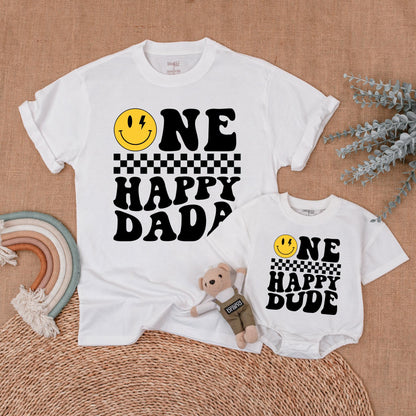 Matching Happy Face Birthday Family Shirts: One Cool Dude & Family Outfit, Retro Smiley Design, Custom Ages, Comfortable Cotton