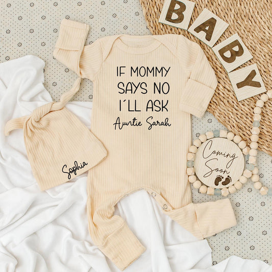 Funny If Mommy Says No I'll Ask Auntie Personalized Baby Bodysuit New Baby Shower Gift Pregnancy Announcement Modern Soft Cotton