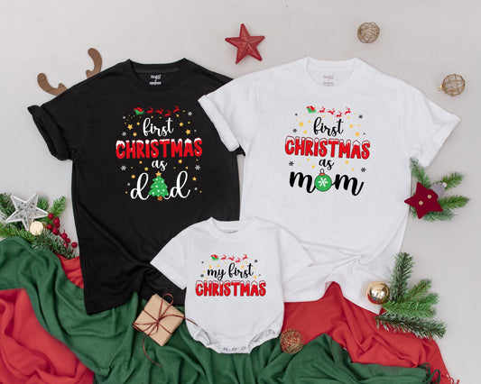 First Christmas as Dad Mom Baby Matching Shirts, Vintage Family Outfits, My 1st Christmas, Sleigh Reindeer Newborn Outfit, Holiday Celebration (136 chars)