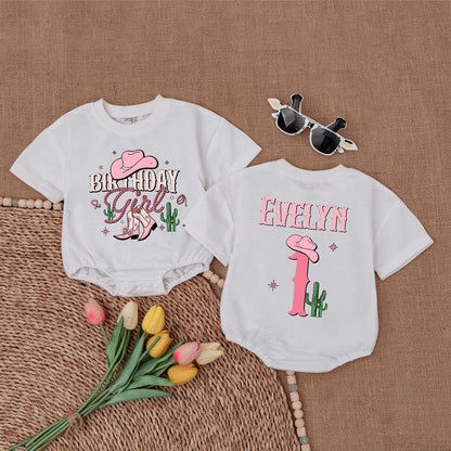 Birthday Girl Western Romper Cute Pink Cowboy Boots Cactus Stars Personalized First Rodeo Outfit
