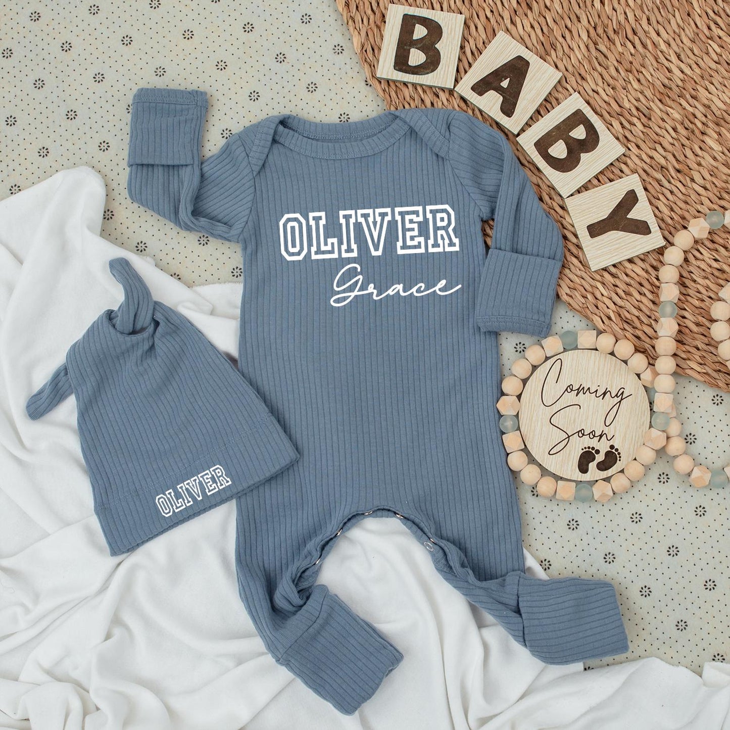 Personalized Modern First Middle Name Baby Bodysuit and Hat Set with Bold Black Text Design Newborn Shower Gift Long Sleeve Romper Infant Outfit