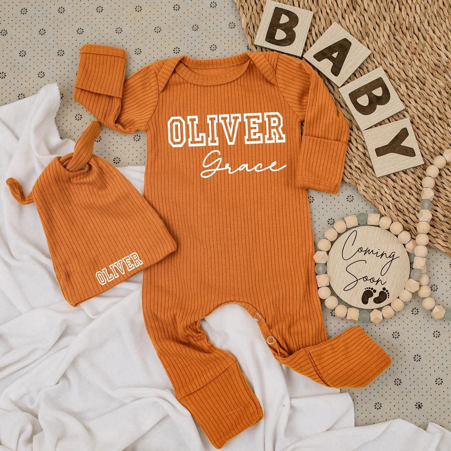 Personalized Modern First Middle Name Baby Bodysuit and Hat Set with Bold Black Text Design Newborn Shower Gift Long Sleeve Romper Infant Outfit