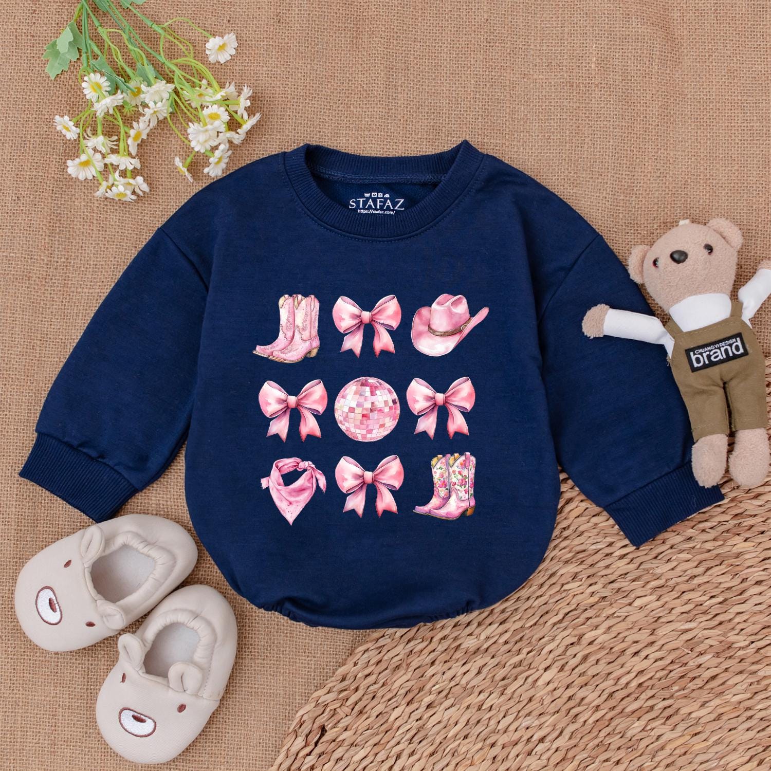 Sweet Pink Watercolor Western Cowgirl Romper with Boots Hats Disco Balls First Birthday Outfit Newborn Toddler Baby Girl Shower Gift