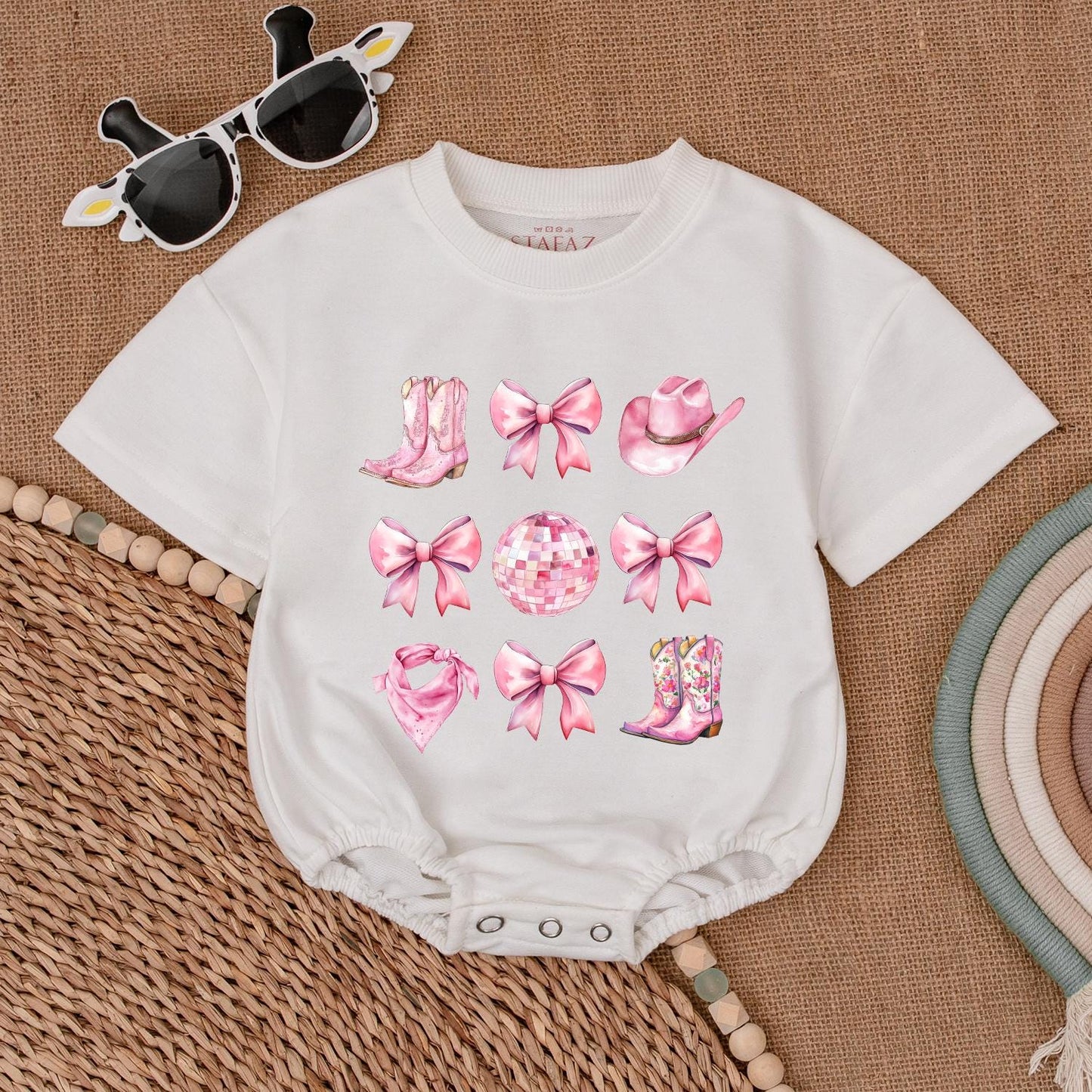 Sweet Pink Watercolor Western Cowgirl Romper with Boots Hats Disco Balls First Birthday Outfit Newborn Toddler Baby Girl Shower Gift