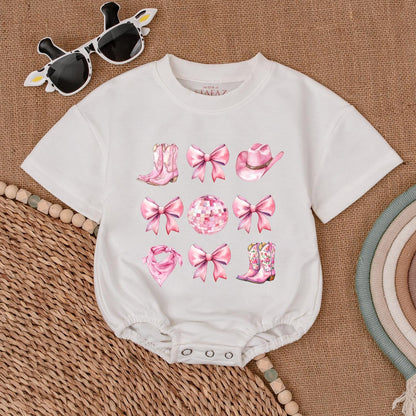 Sweet Pink Watercolor Western Cowgirl Romper with Boots Hats Disco Balls First Birthday Outfit Newborn Toddler Baby Girl Shower Gift