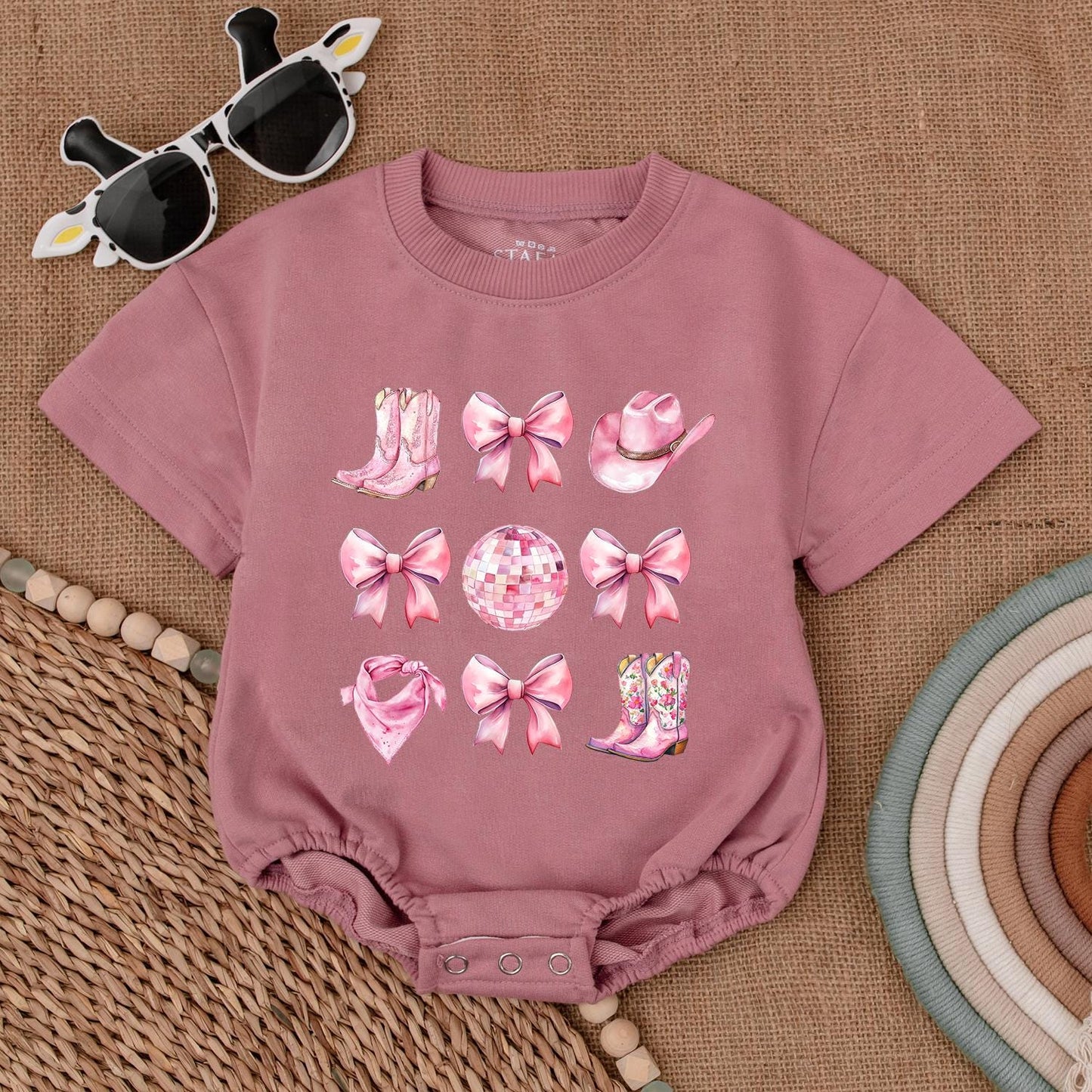 Sweet Pink Watercolor Western Cowgirl Romper with Boots Hats Disco Balls First Birthday Outfit Newborn Toddler Baby Girl Shower Gift