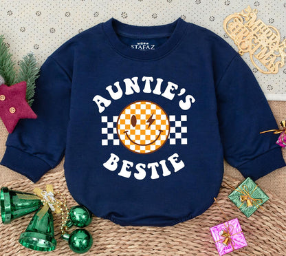 Auntie's Bestie Romper: Retro Checkerboard Smiley Face Newborn Outfit, Fun Baby Clothes Gift from Aunt, Pregnancy Announcement, Cute Auntie Baby Shirt (139 chars)