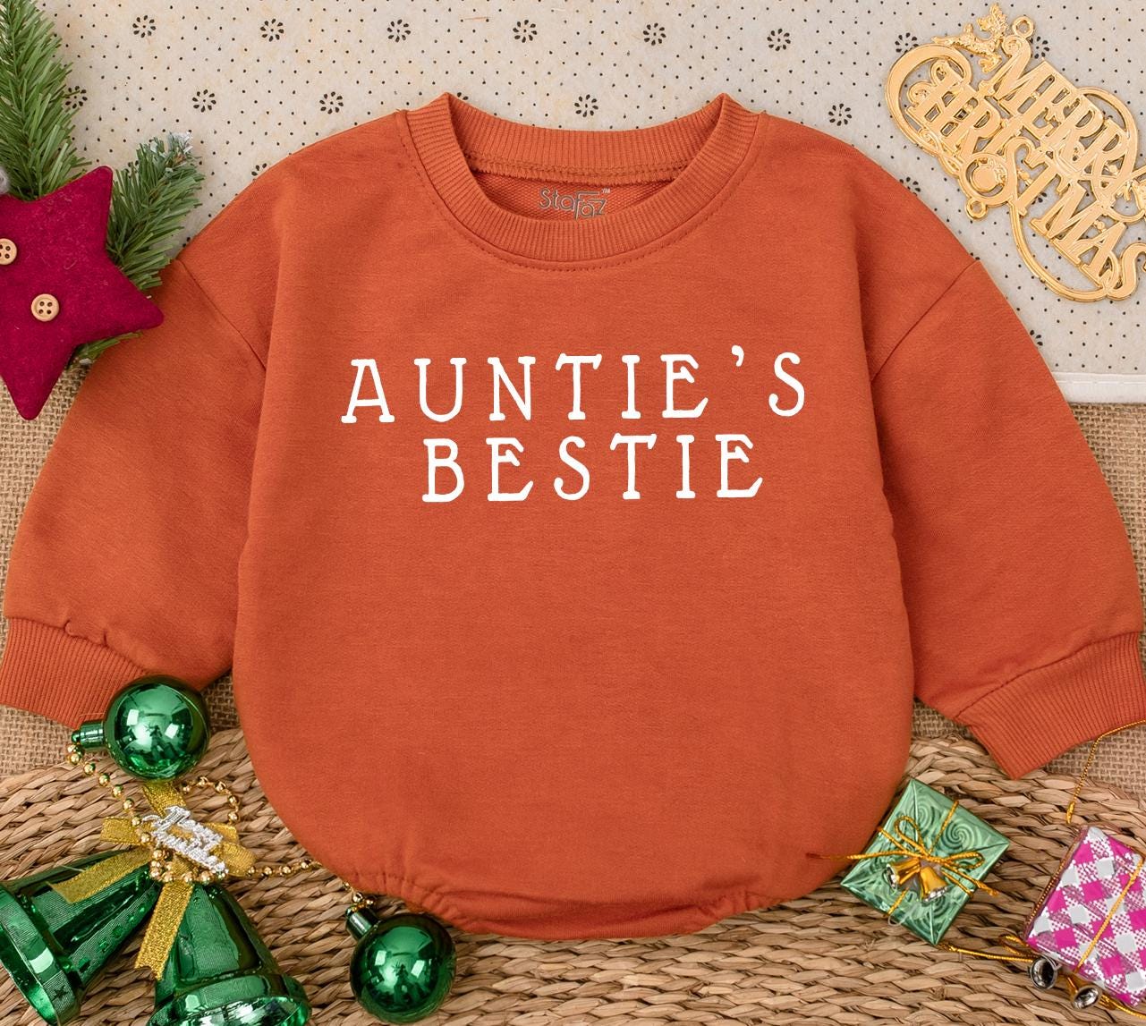 Auntie's Bestie Newborn Romper cute gender neutral baby outfit with bold black text perfect pregnancy announcement or shower gift