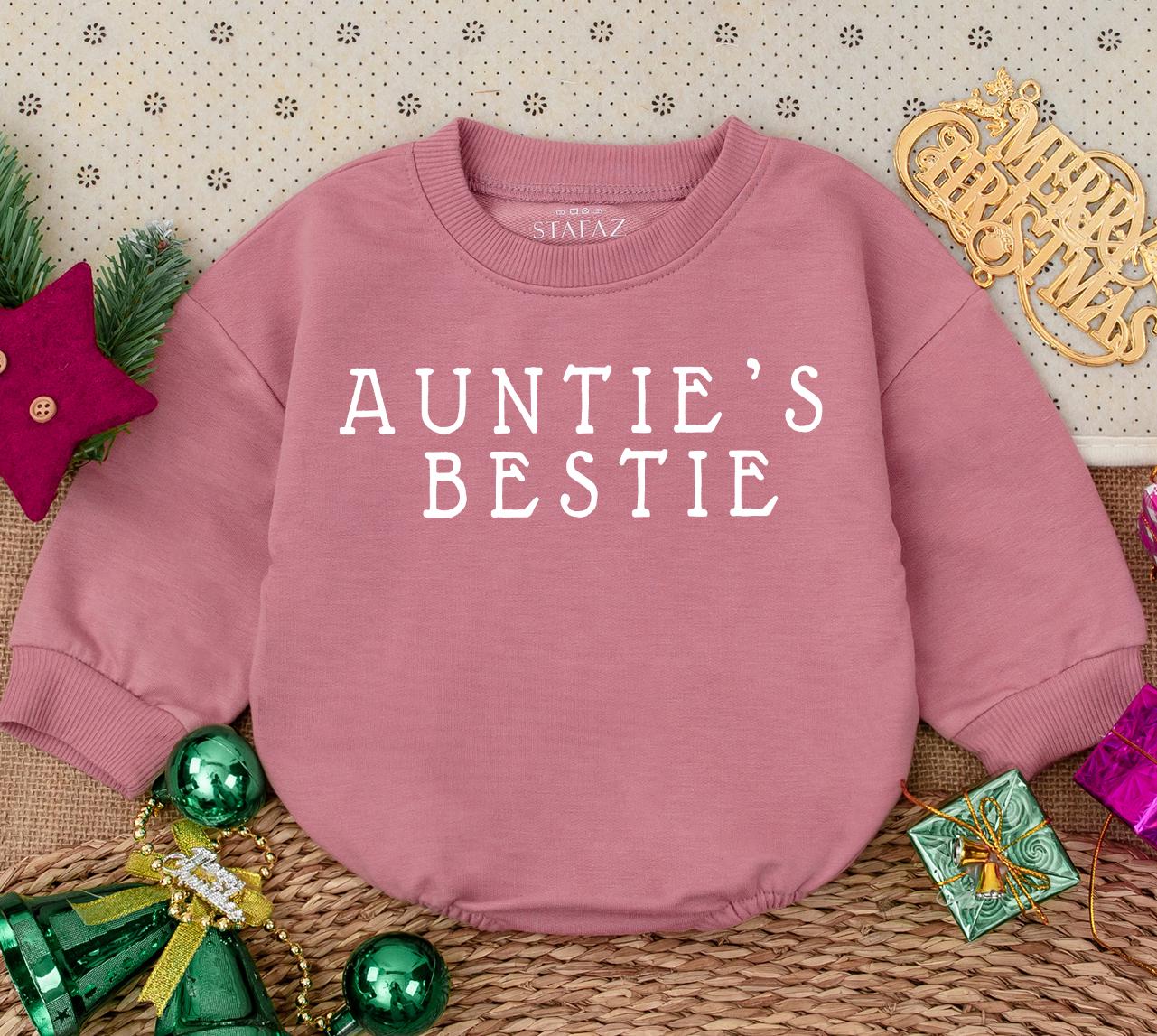 Auntie's Bestie Newborn Romper cute gender neutral baby outfit with bold black text perfect pregnancy announcement or shower gift