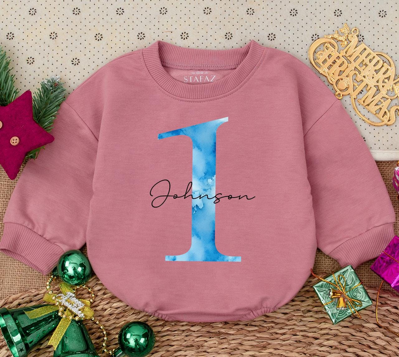 Custom Blue Watercolor 1 Johnson Baby Romper Newborn Girl Gift, Personalized Baby Clothes, First Birthday Outfit