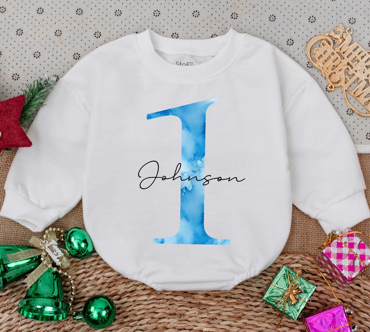 Custom Blue Watercolor 1 Johnson Baby Romper Newborn Girl Gift, Personalized Baby Clothes, First Birthday Outfit