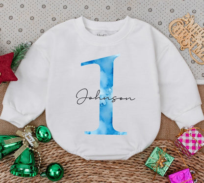 Custom Blue Watercolor 1 Johnson Baby Romper Newborn Girl Gift, Personalized Baby Clothes, First Birthday Outfit