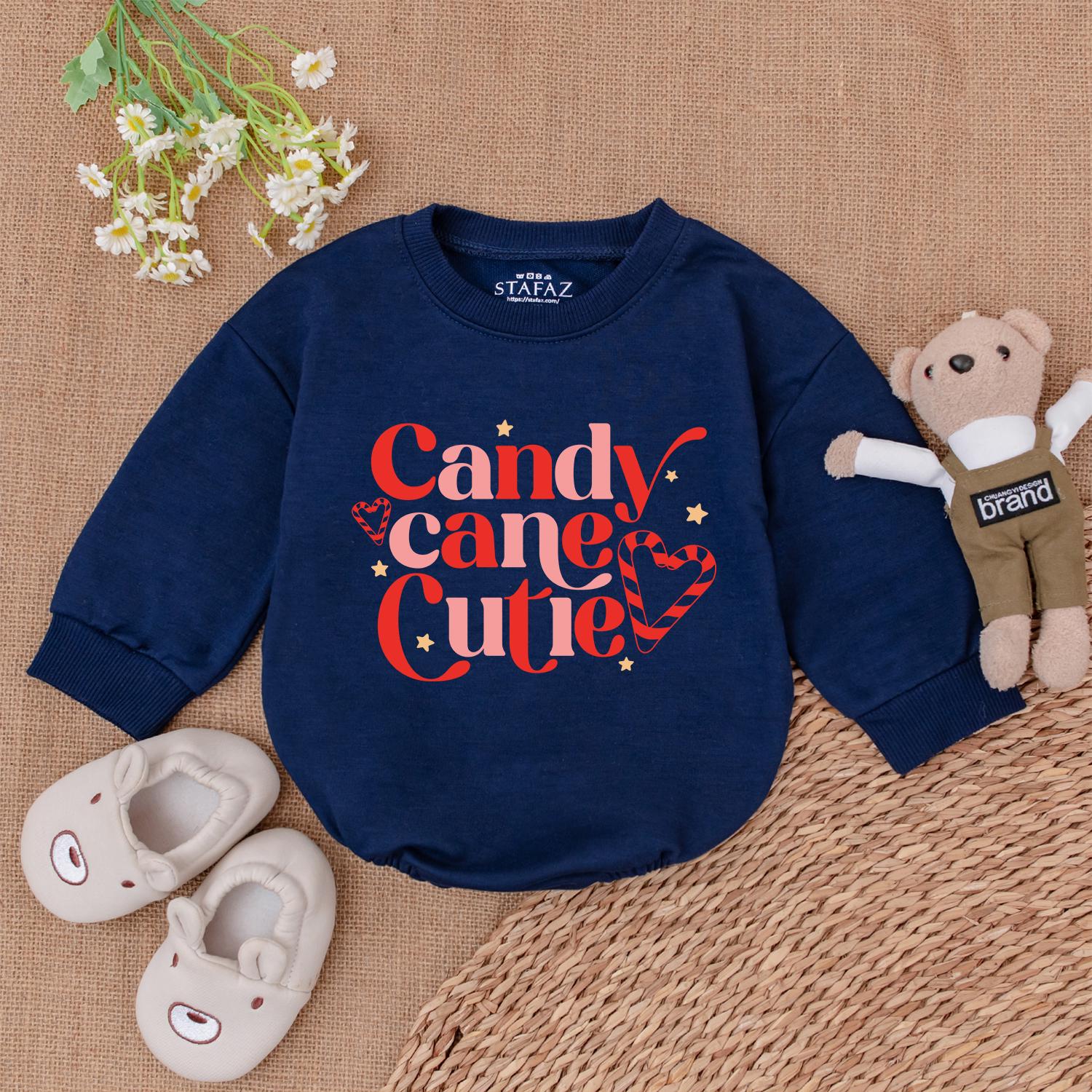 Candy Cane Cutie Bubble Romper Baby's First Christmas Holiday Outfit Cute Festive Pink Red Design with Hearts & Stars Trendy Newborn Infant Shower Gift