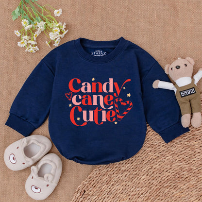 Candy Cane Cutie Bubble Romper Baby's First Christmas Holiday Outfit Cute Festive Pink Red Design with Hearts & Stars Trendy Newborn Infant Shower Gift