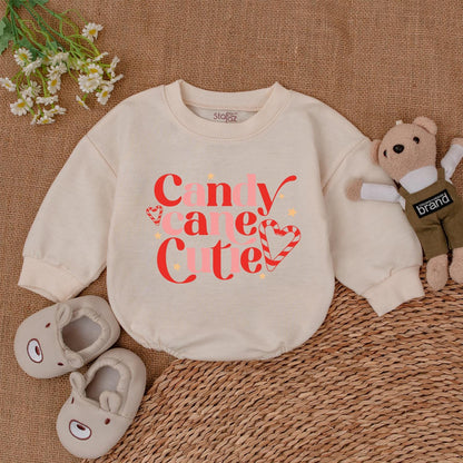 Candy Cane Cutie Bubble Romper Baby's First Christmas Holiday Outfit Cute Festive Pink Red Design with Hearts & Stars Trendy Newborn Infant Shower Gift