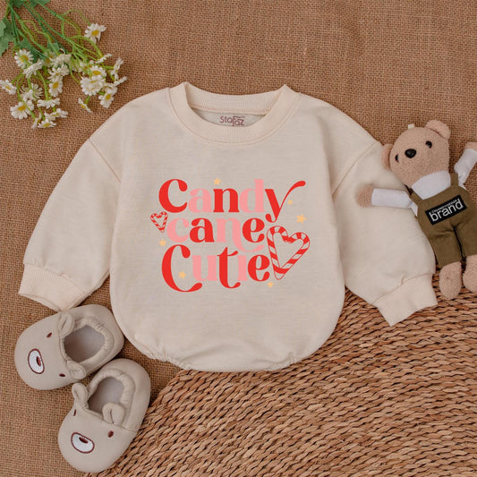 Candy Cane Cutie Bubble Romper Baby's First Christmas Holiday Outfit Cute Festive Pink Red Design with Hearts & Stars Trendy Newborn Infant Shower Gift