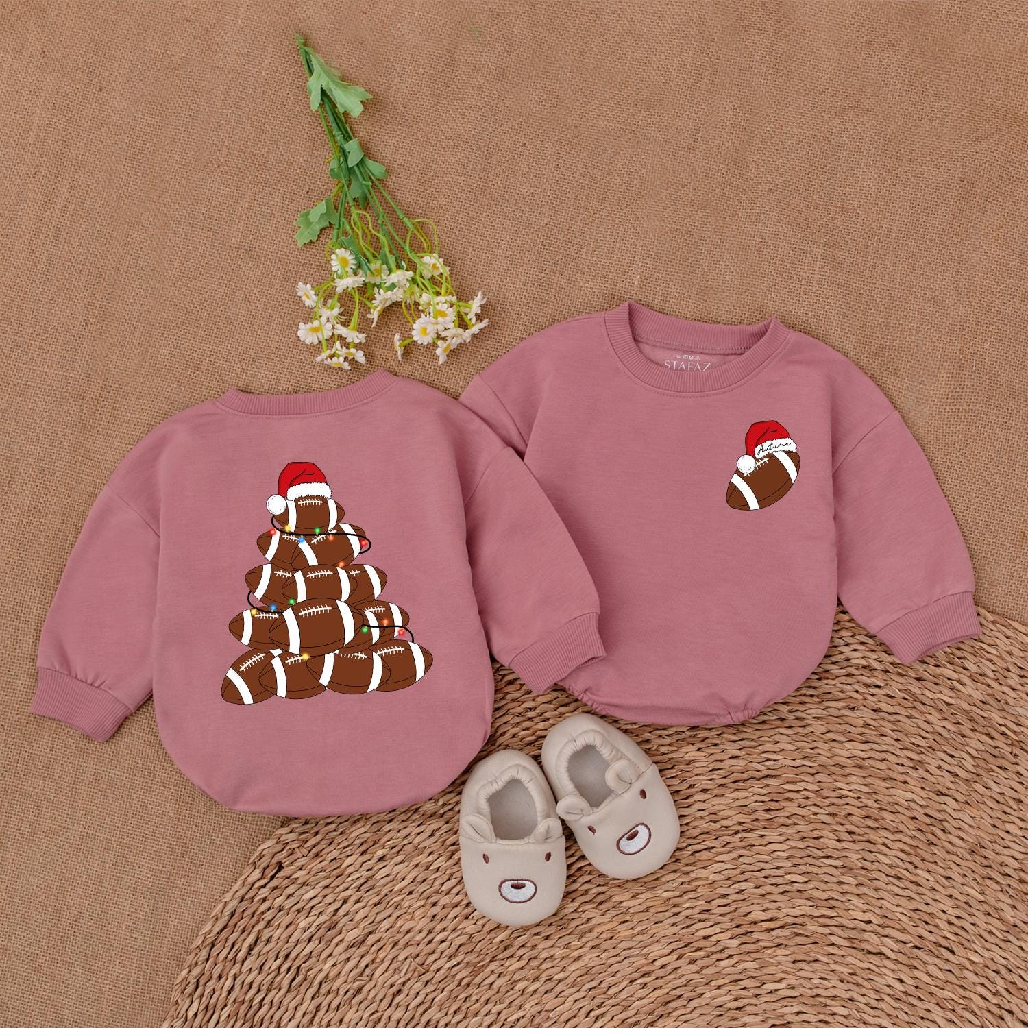 Personalized Baby Football Christmas Tree Romper First Christmas Outfit Festive Lights Santa Hat Playful Design Newborn Boy Girl Shower Gift Trendy