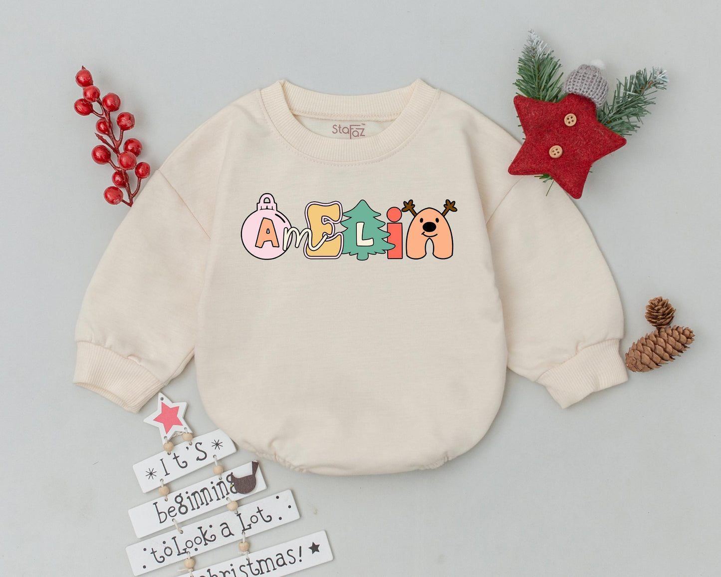 Custom Name Christmas Baby Bubble Romper spelled by Playful Pastel Holiday Icons Whimsical Tree Reindeer Ornament Outfit