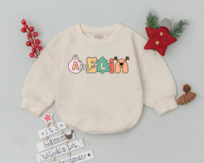 Custom Name Christmas Baby Bubble Romper spelled by Playful Pastel Holiday Icons Whimsical Tree Reindeer Ornament Outfit
